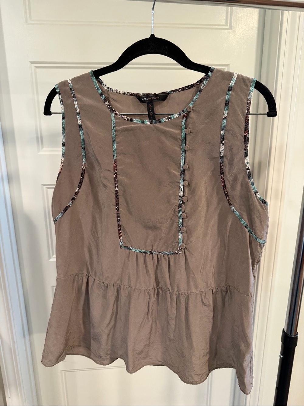 BCBGMaxAzria 100% Silk Taupe Sleeveless Peplum Top